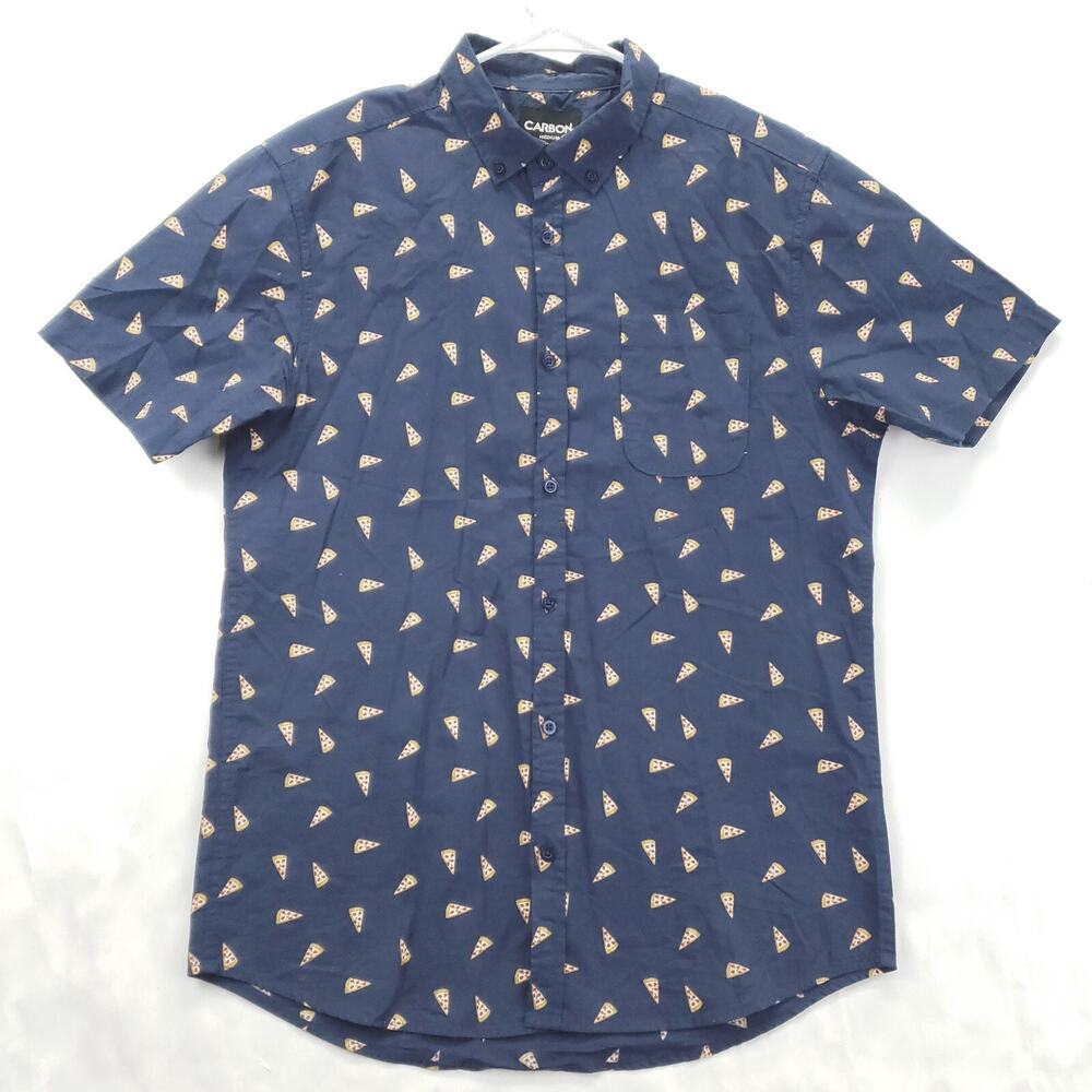 Carbon Shirt Mens Medium Blue Pizza Print Cotton Short Sleeve Casual Button-Down